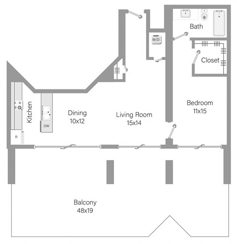 Floor plan for 1 bed, 1 bath, 991 sqft